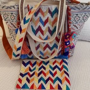 America & Beyond Beaded Embellished Embroidered Chevron Tote Bag Matching Clutch